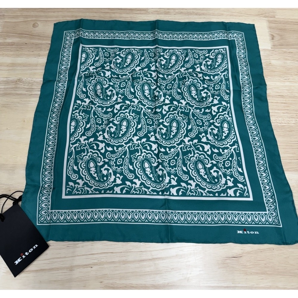 Kiton Napoli 100% Silk Teal Green Paisley Pocket Square Handkerchief Italy